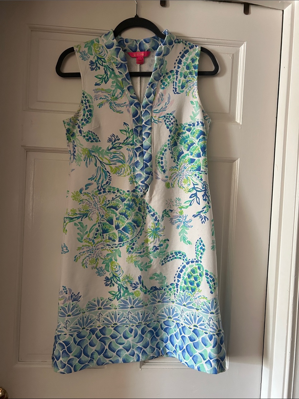 Lilly Pulitzer White Sleeveless Shift Dress with Blue & Green Print